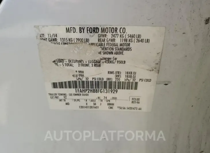 FORD TAURUS SEL 2015 vin 1FAHP2H88FG131929 from auto auction Copart