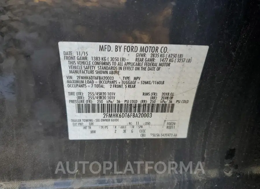 FORD FLEX LIMIT 2015 vin 2FMHK6DT6FBA20003 from auto auction Copart