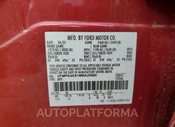 FORD EDGE TITAN 2021 vin 2FMPK4K91MBA20866 from auto auction Copart