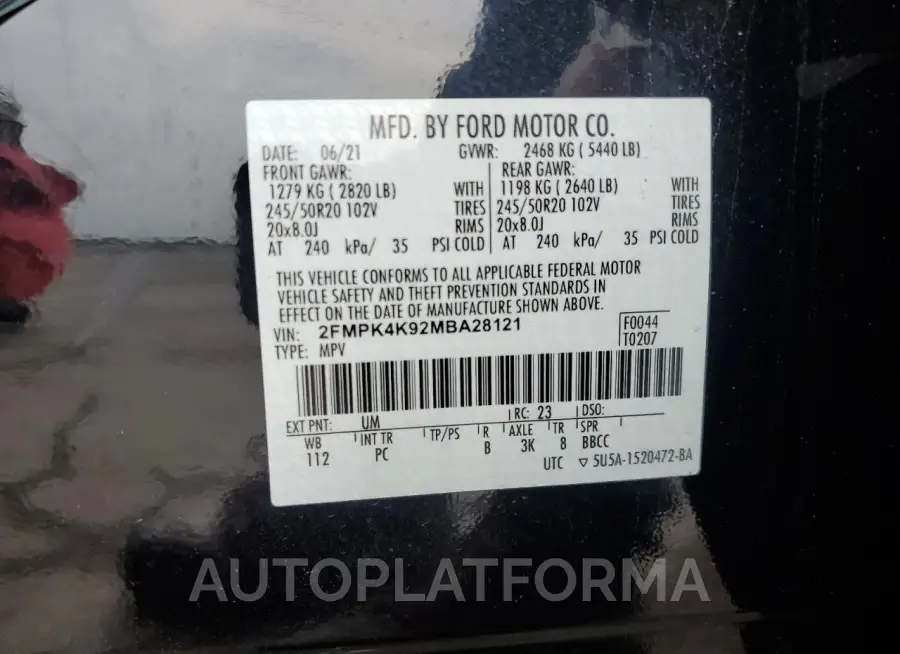 FORD EDGE TITAN 2021 vin 2FMPK4K92MBA28121 from auto auction Copart