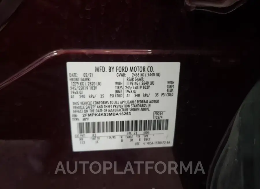 FORD EDGE TITAN 2021 vin 2FMPK4K93MBA16253 from auto auction Copart