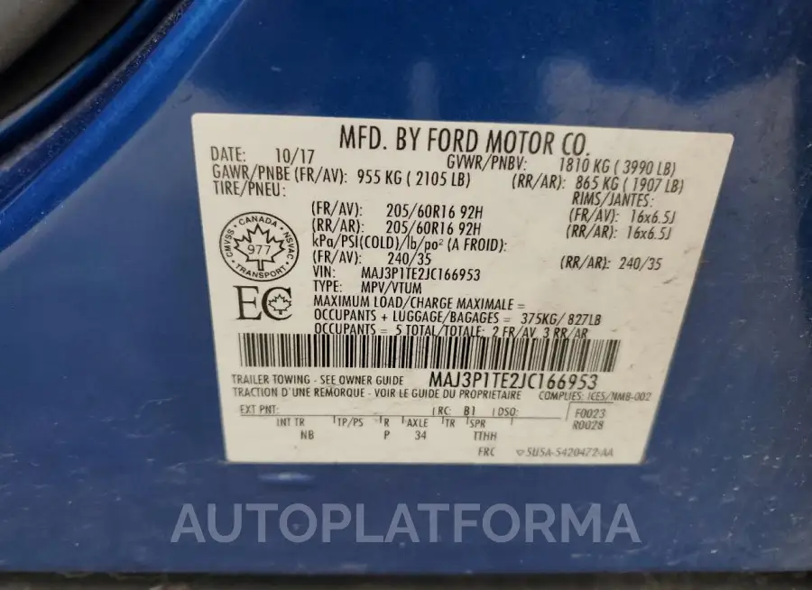 FORD ECOSPORT S 2018 vin MAJ3P1TE2JC166953 from auto auction Copart