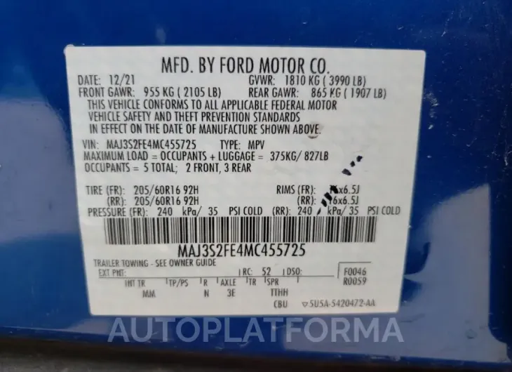 FORD ECOSPORT S 2021 vin MAJ3S2FE4MC455725 from auto auction Copart