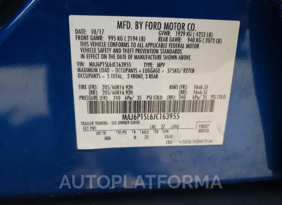 FORD ECOSPORT S 2018 vin MAJ6P1SL6JC163955 from auto auction Copart