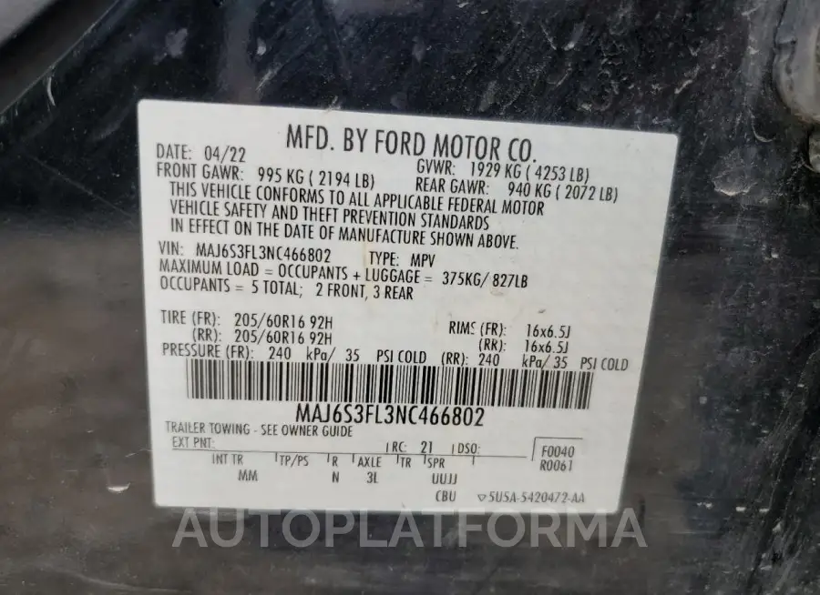 FORD ECOSPORT S 2022 vin MAJ6S3FL3NC466802 from auto auction Copart