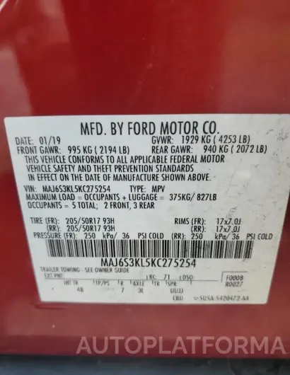 FORD ECOSPORT T 2019 vin MAJ6S3KL5KC275254 from auto auction Copart