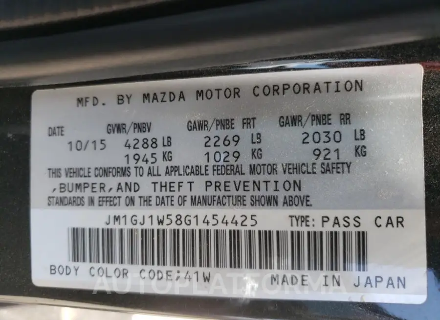 MAZDA 6 GRAND TO 2016 vin JM1GJ1W58G1454425 from auto auction Copart