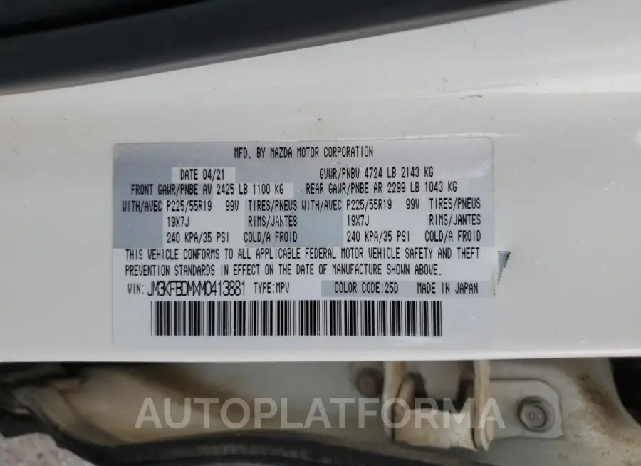 MAZDA CX-5 GRAND 2021 vin JM3KFBDMXM0413881 from auto auction Copart