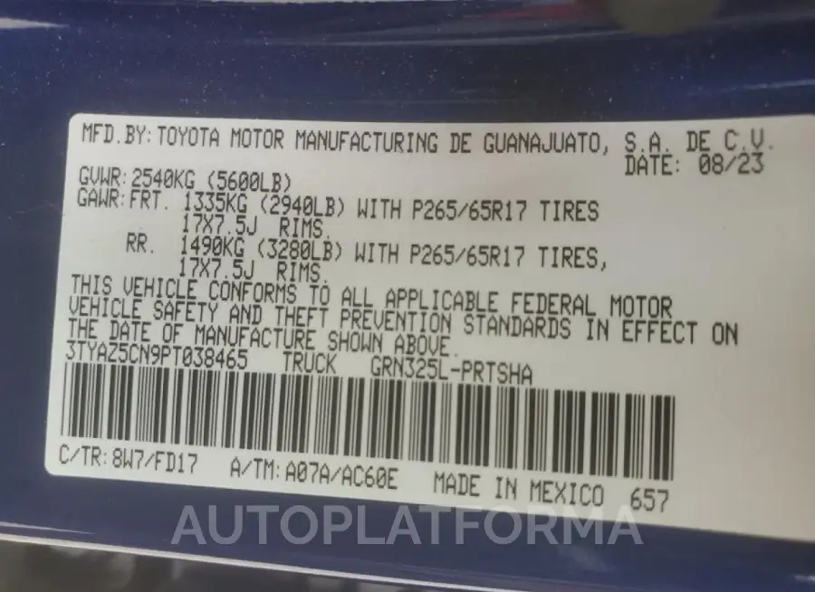 TOYOTA TACOMA DOU 2023 vin 3TYAZ5CN9PT038465 from auto auction Copart