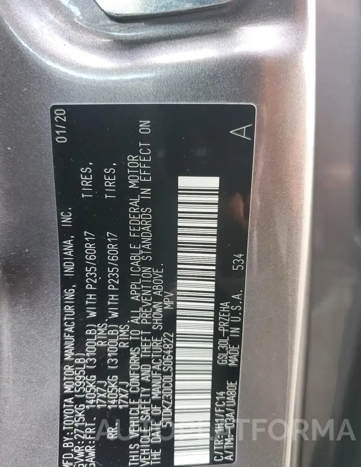 TOYOTA SIENNA LE 2020 vin 5TDKZ3DC0LS064822 from auto auction Copart