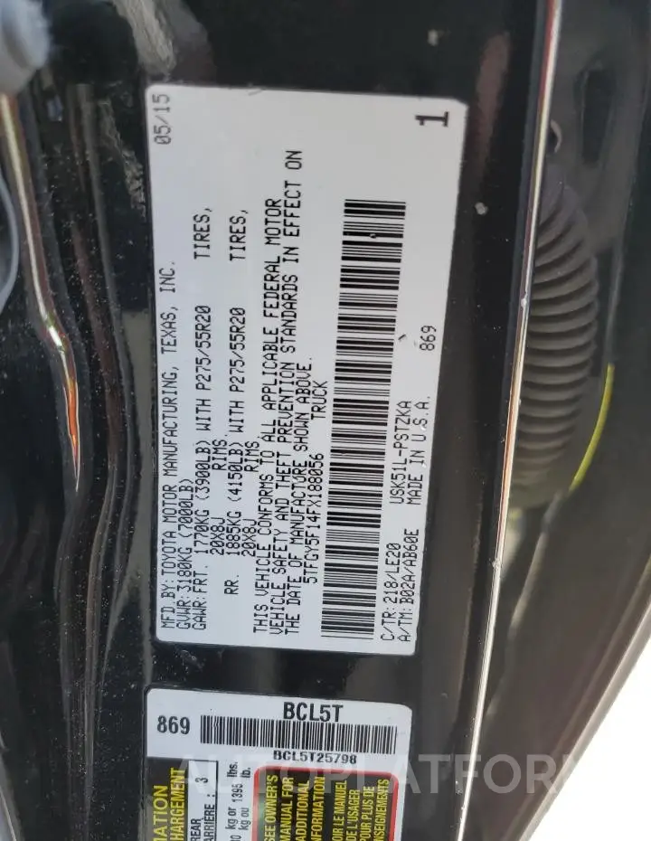 TOYOTA TUNDRA CRE 2015 vin 5TFGY5F14FX188056 from auto auction Copart