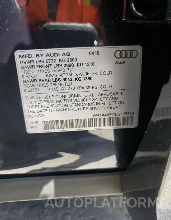 AUDI SQ5 PREMIU 2018 vin WA1A4AFY4J2175718 from auto auction Copart