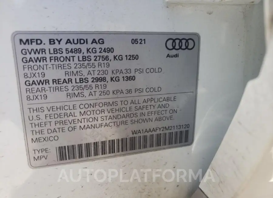 AUDI Q5 PREMIUM 2021 vin WA1AAAFY2M2113120 from auto auction Copart