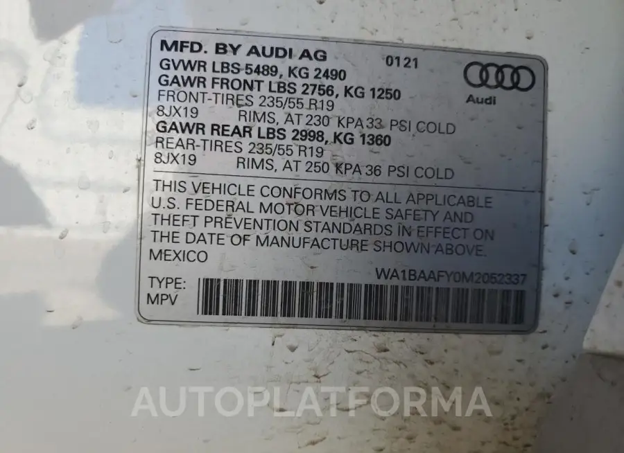 AUDI Q5 PREMIUM 2021 vin WA1BAAFY0M2052337 from auto auction Copart