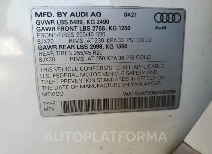 AUDI Q5 PREMIUM 2021 vin WA1BAAFY9M2094988 from auto auction Copart