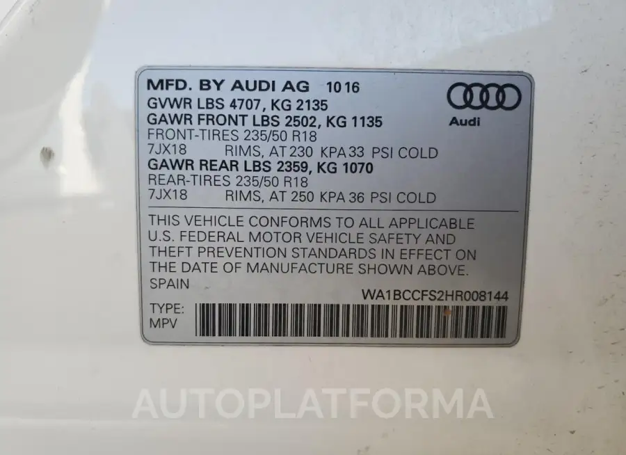 AUDI Q3 PREMIUM 2017 vin WA1BCCFS2HR008144 from auto auction Copart