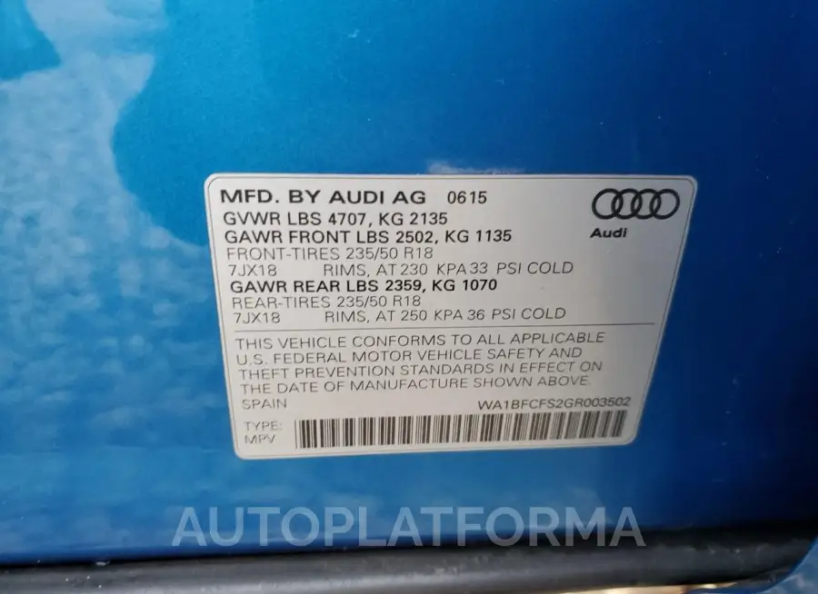 AUDI Q3 PREMIUM 2016 vin WA1BFCFS2GR003502 from auto auction Copart