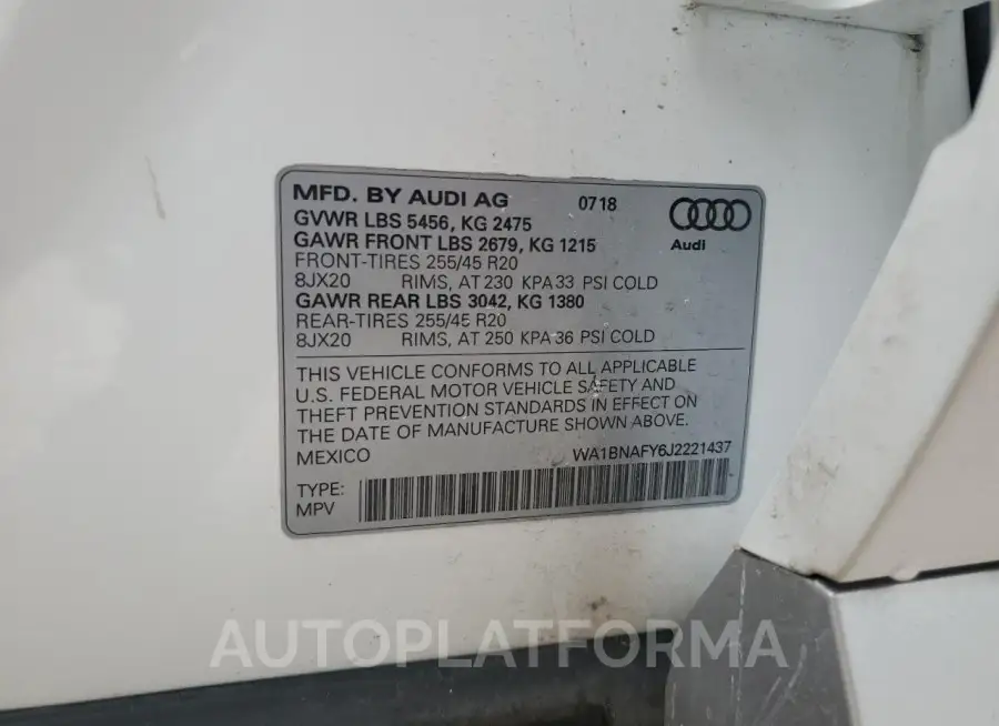 AUDI Q5 PREMIUM 2018 vin WA1BNAFY6J2221437 from auto auction Copart