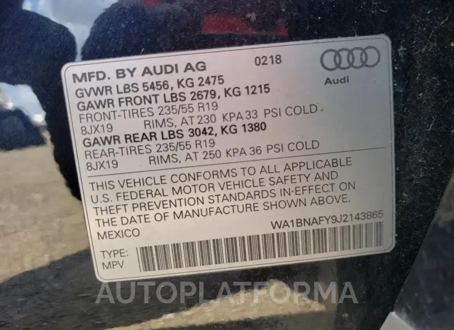 AUDI Q5 PREMIUM 2018 vin WA1BNAFY9J2143865 from auto auction Copart