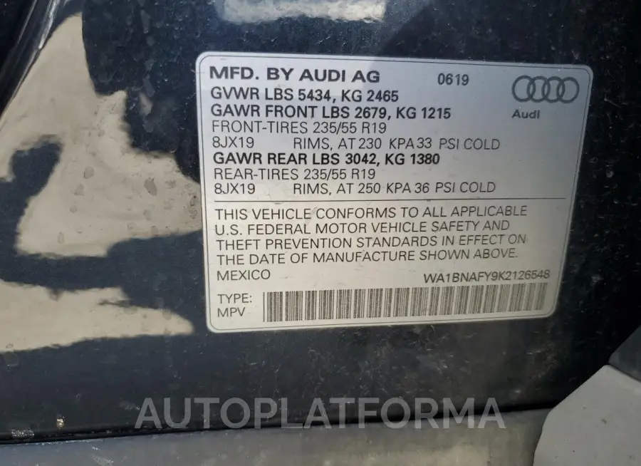 AUDI Q5 PREMIUM 2019 vin WA1BNAFY9K2126548 from auto auction Copart