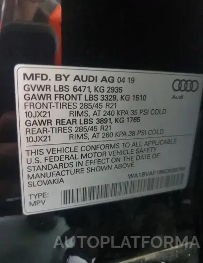 AUDI Q8 PREMIUM 2019 vin WA1BVAF18KD038758 from auto auction Copart