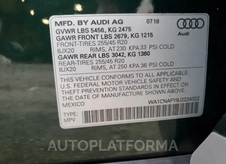 AUDI Q5 PRESTIG 2018 vin WA1CNAFY9J2224322 from auto auction Copart