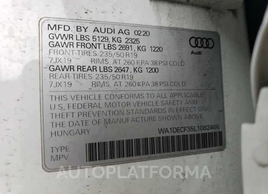 AUDI Q3 PREMIUM 2020 vin WA1DECF35L1082466 from auto auction Copart