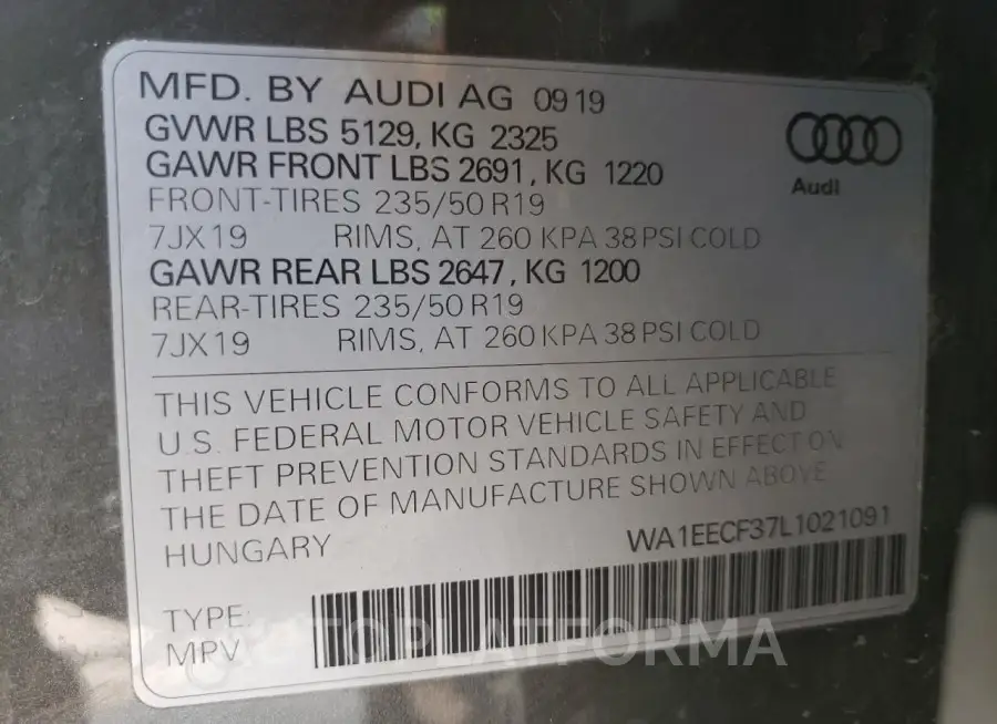 AUDI Q3 PREMIUM 2020 vin WA1EECF37L1021091 from auto auction Copart