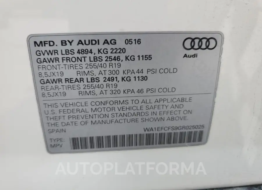 AUDI Q3 PREMIUM 2016 vin WA1EFCFS9GR025025 from auto auction Copart