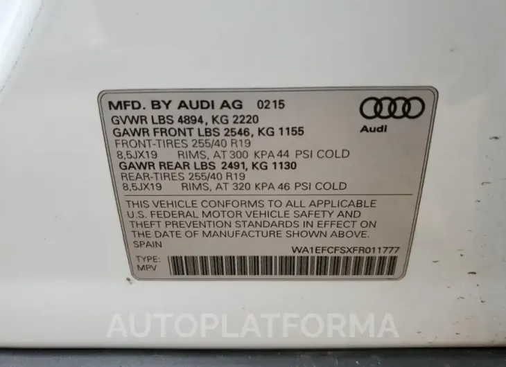 AUDI Q3 PREMIUM 2015 vin WA1EFCFSXFR011777 from auto auction Copart