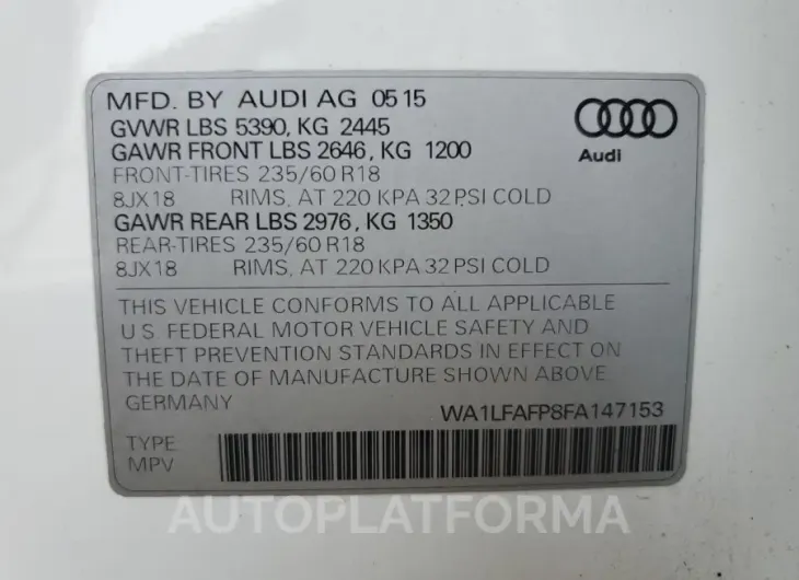 AUDI Q5 PREMIUM 2015 vin WA1LFAFP8FA147153 from auto auction Copart