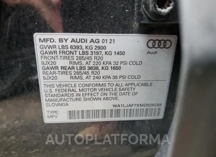 AUDI Q7 PREMIUM 2021 vin WA1LJAF7XMD029258 from auto auction Copart