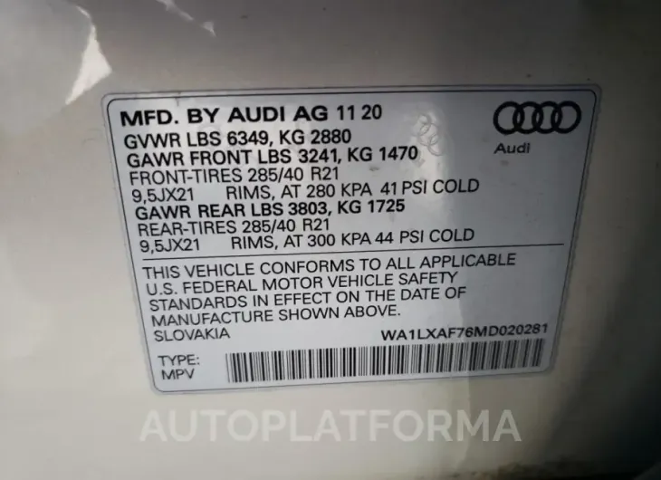 AUDI Q7 PREMIUM 2021 vin WA1LXAF76MD020281 from auto auction Copart