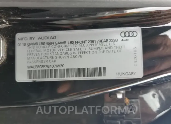 AUDI A3 PREMIUM 2016 vin WAUE8GFF7G1076920 from auto auction Copart