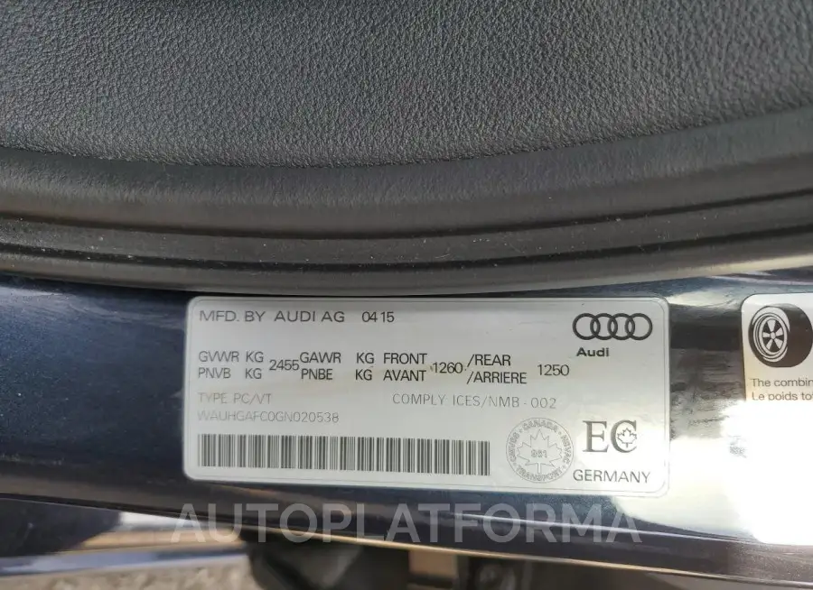 AUDI A6 PRESTIG 2016 vin WAUHGAFC0GN020538 from auto auction Copart