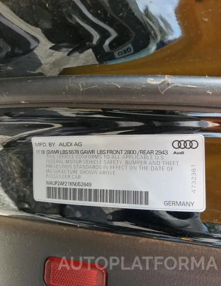 AUDI A7 PREMIUM 2019 vin WAUP2AF21KN052649 from auto auction Copart