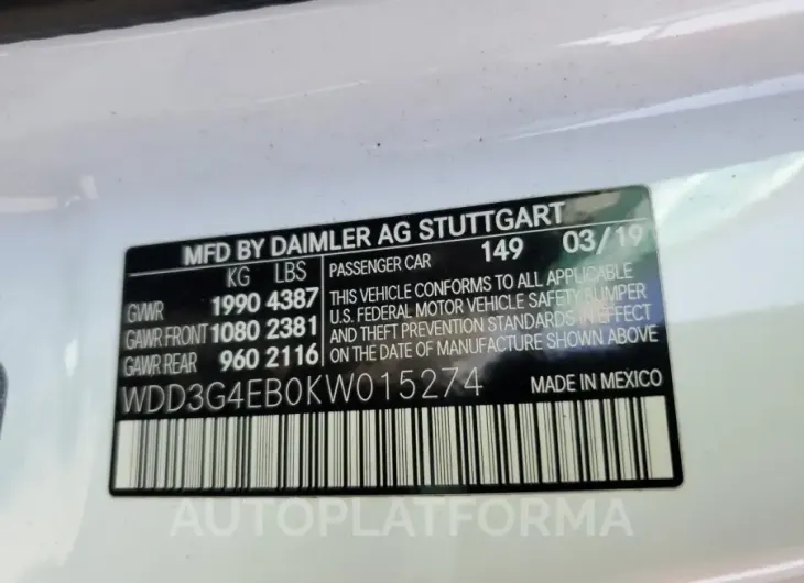 MERCEDES-BENZ A 220 2019 vin WDD3G4EB0KW015274 from auto auction Copart