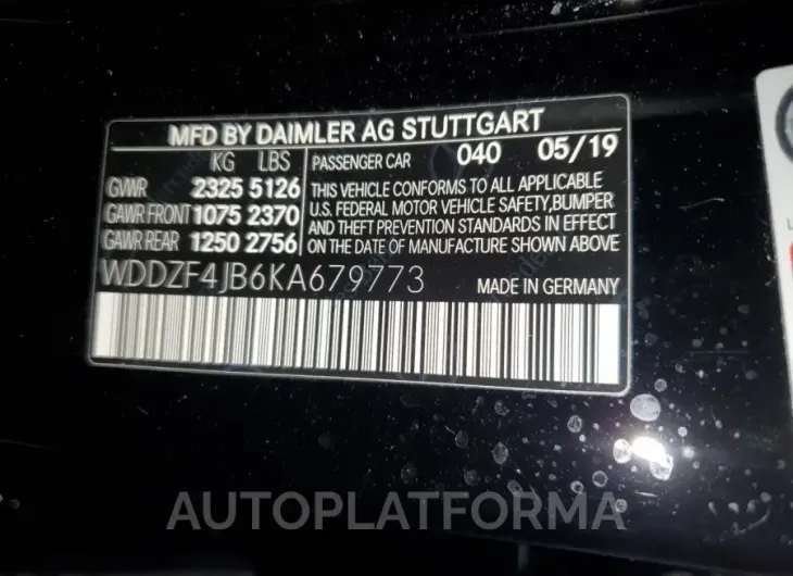 MERCEDES-BENZ E 300 2019 vin WDDZF4JB6KA679773 from auto auction Copart