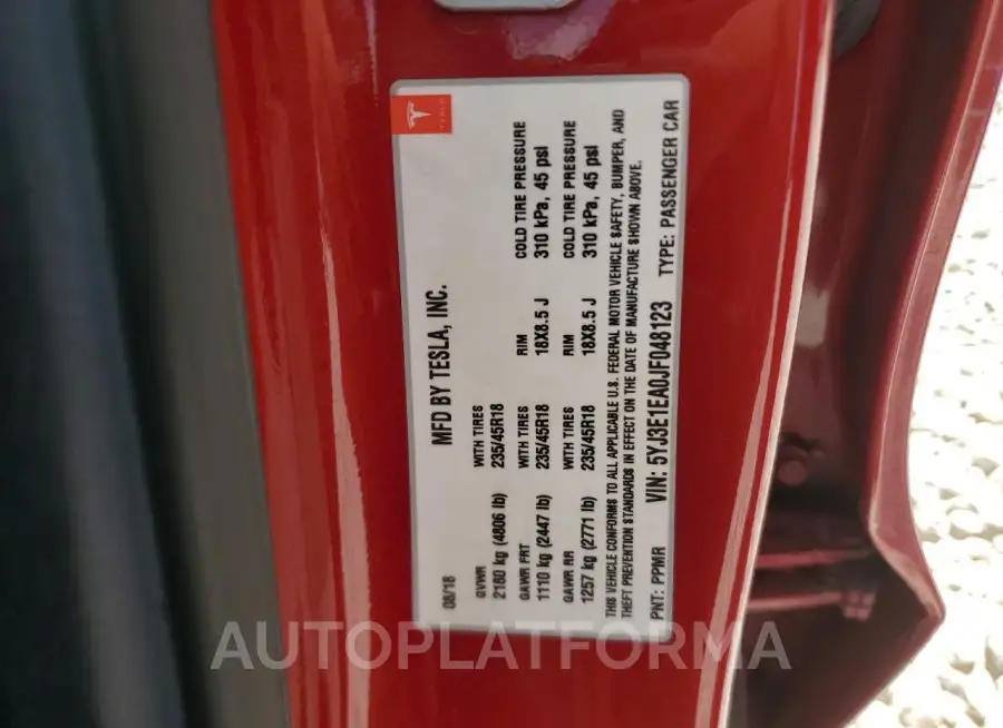 TESLA MODEL 3 2018 vin 5YJ3E1EA0JF048123 from auto auction Copart