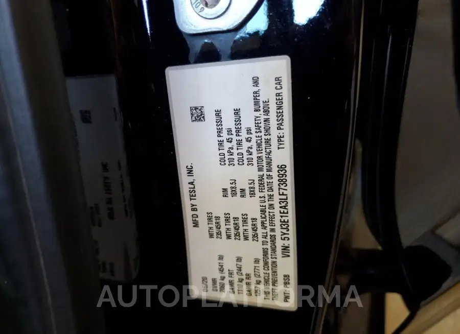 TESLA MODEL 3 2020 vin 5YJ3E1EA3LF738936 from auto auction Copart