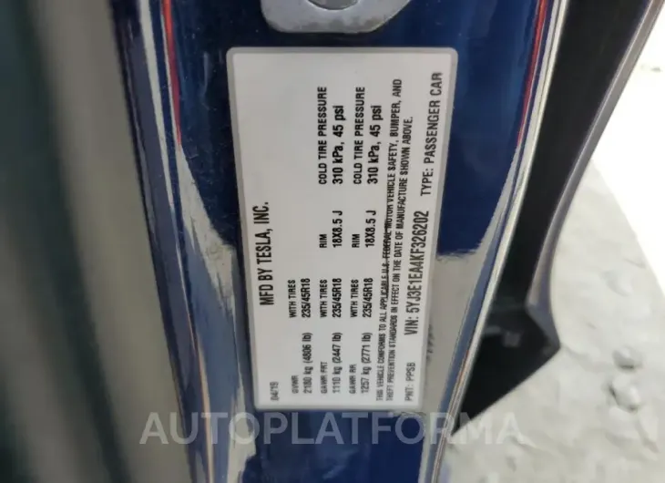 TESLA MODEL 3 2019 vin 5YJ3E1EA4KF326202 from auto auction Copart