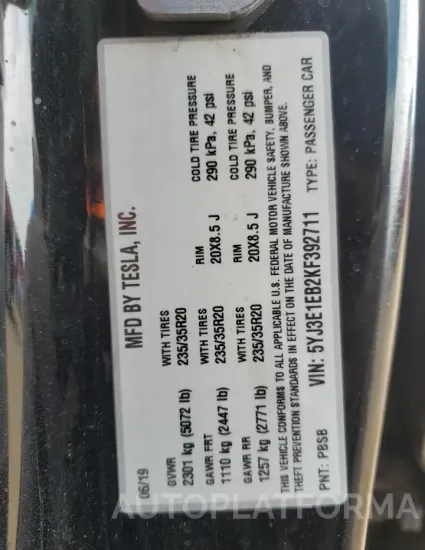 TESLA MODEL 3 2019 vin 5YJ3E1EB2KF392711 from auto auction Copart