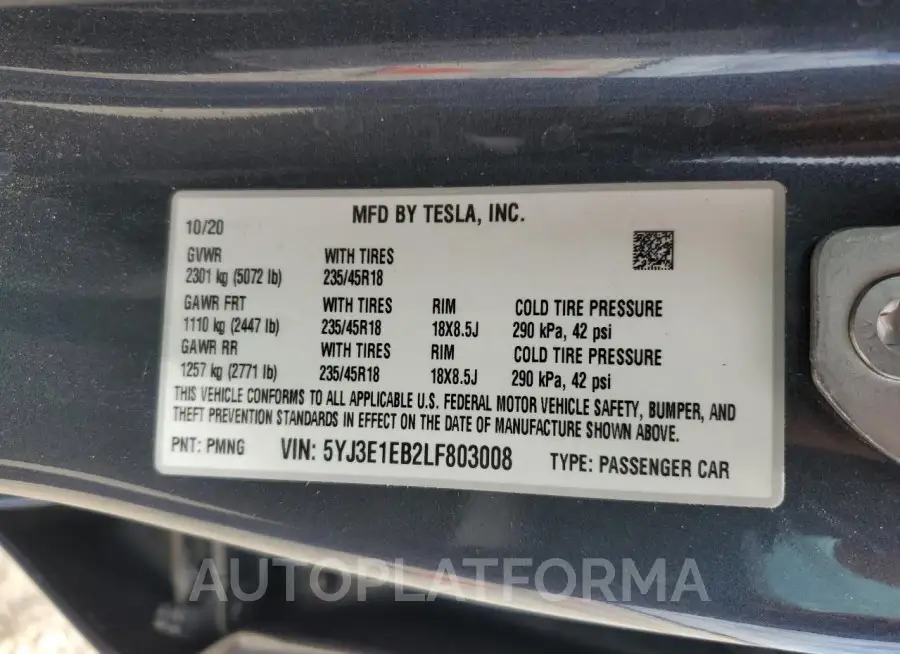 TESLA MODEL 3 2020 vin 5YJ3E1EB2LF803008 from auto auction Copart