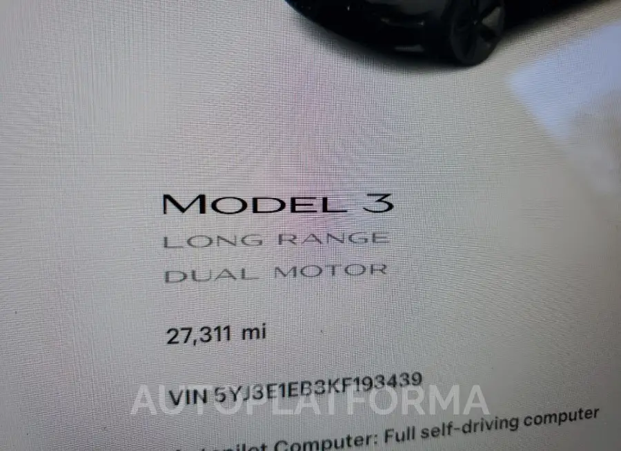 TESLA MODEL 3 2019 vin 5YJ3E1EB3KF193439 from auto auction Copart