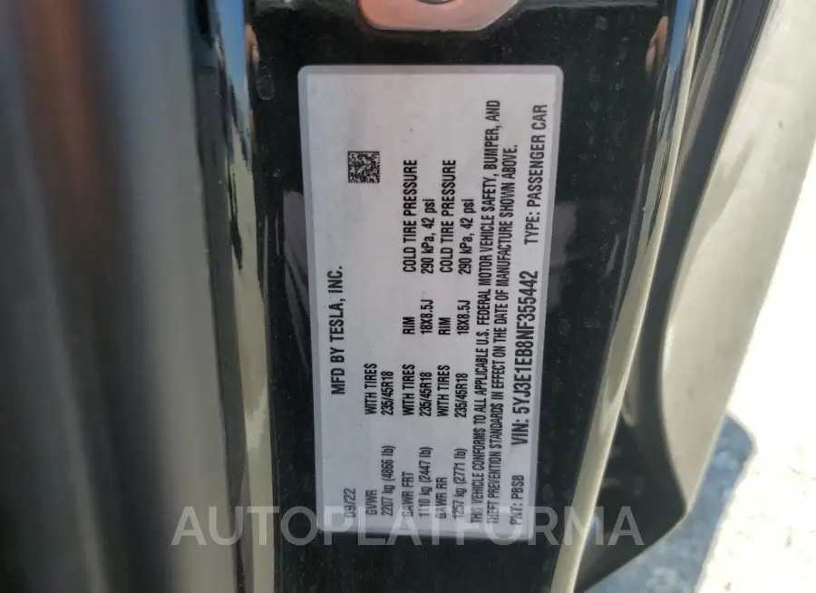 TESLA MODEL 3 2022 vin 5YJ3E1EB8NF355442 from auto auction Copart