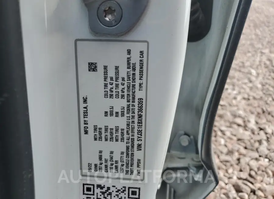 TESLA MODEL 3 2022 vin 5YJ3E1EBXNF366359 from auto auction Copart