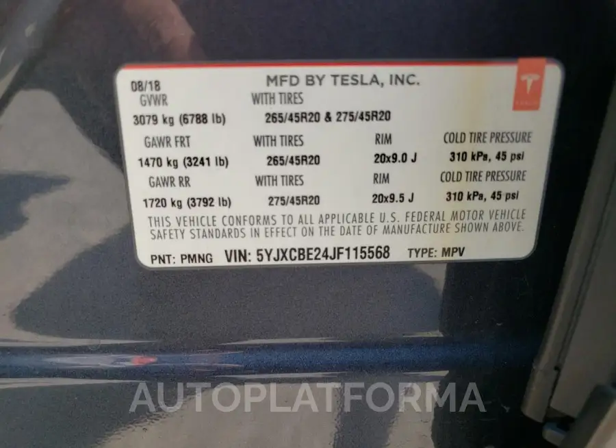 TESLA MODEL X 2018 vin 5YJXCBE24JF115568 from auto auction Copart