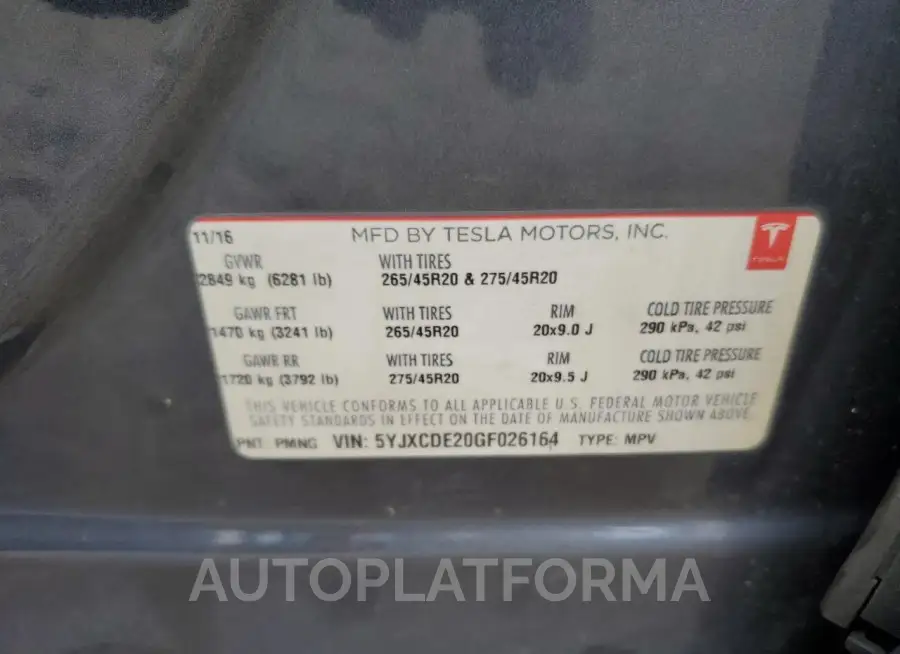 TESLA MODEL X 2016 vin 5YJXCDE20GF026164 from auto auction Copart