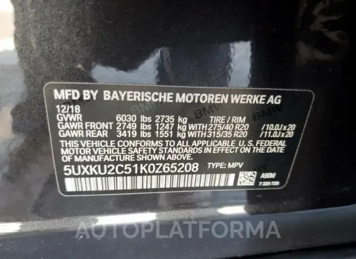 BMW X6 XDRIVE3 2019 vin 5UXKU2C51K0Z65208 from auto auction Copart