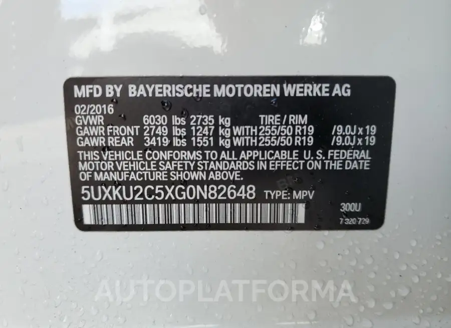 BMW X6 XDRIVE3 2016 vin 5UXKU2C5XG0N82648 from auto auction Copart